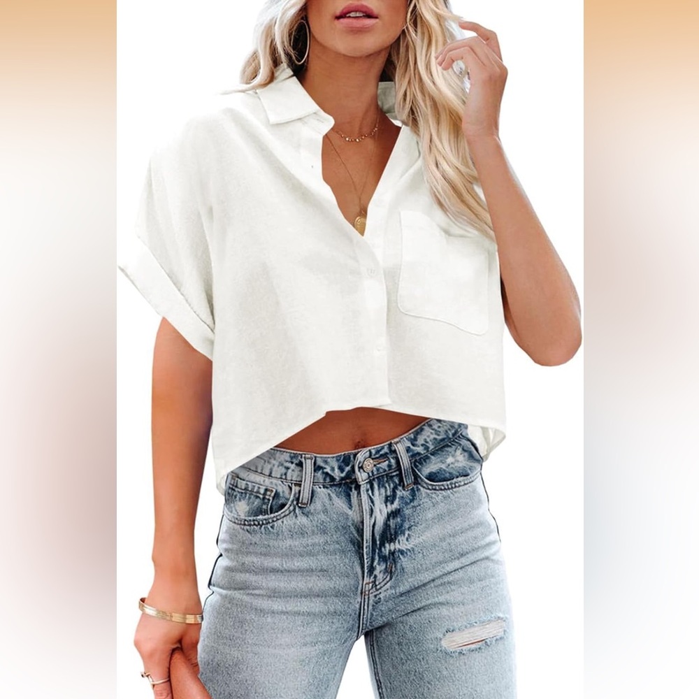 White Short Sleeve Cropped Cotton Button Down Blouse Dress Shirt size Medium